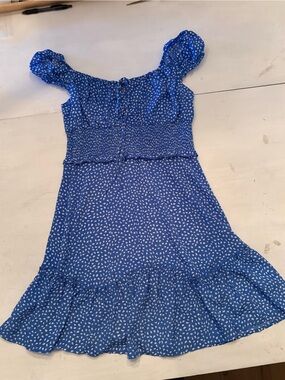 Blue Smocked Midi Dress with White Dot Print